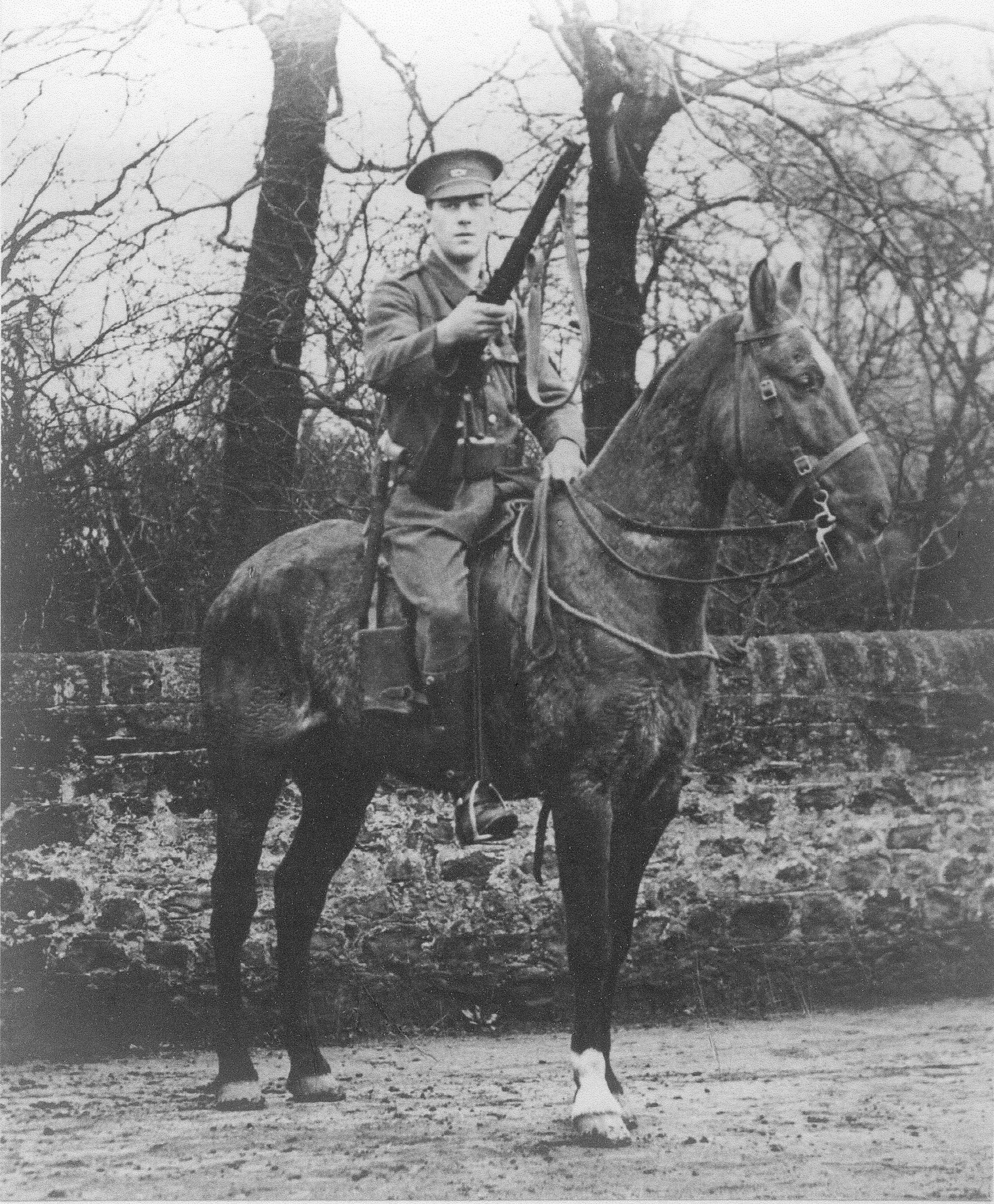 Private Wilfrid Hudson, East Yorkshire Yeomanry, Territorial Force, 1914, astride his horse