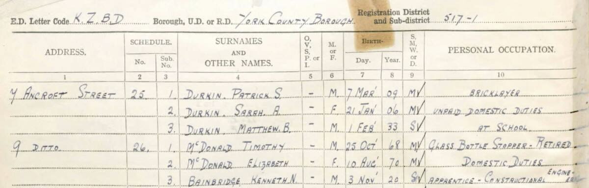 Sep 1939 Register McDonalds 9 Ancroft Street York