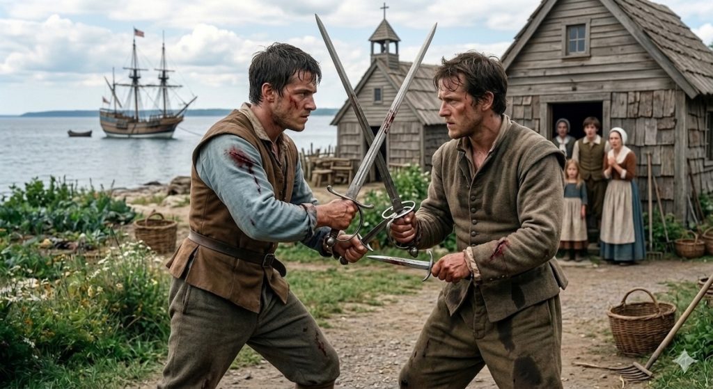 Speculative Google AI Generated Image of first duel in Plymouth Colony between Edward Doty & Edward Leister with swords and daggers c1621