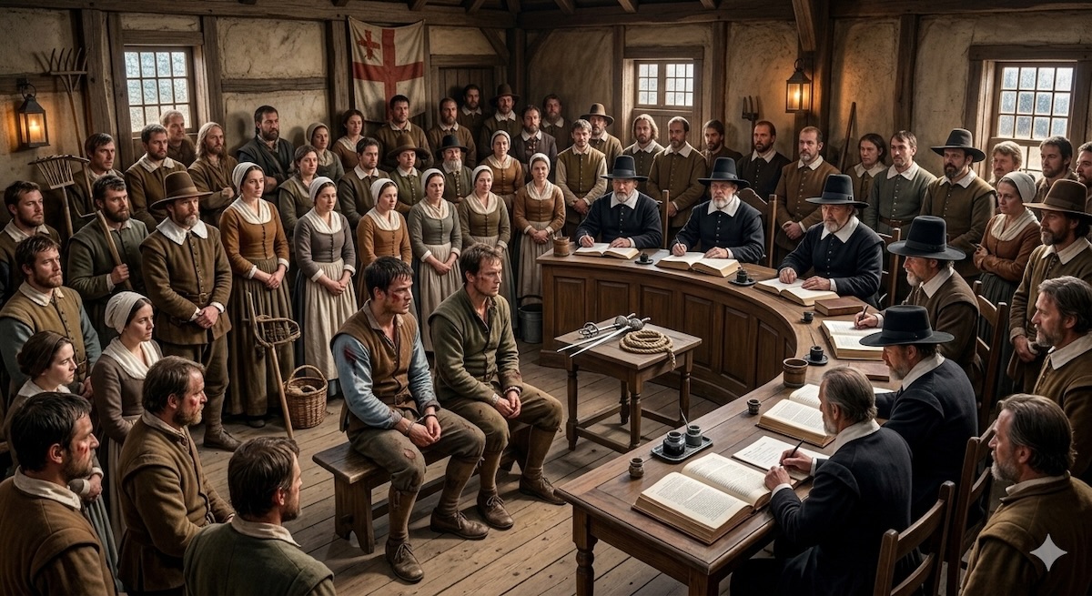 Speculative Google AI Generated Image of the trial for the first dual of Plymouth colony by indentured servants; Edward Doty & Edward Leister, June 18, 1621. The whole company of the colony gather at the Common House on top of Cole's Hill, the first communal building erected by the Pilgrims.