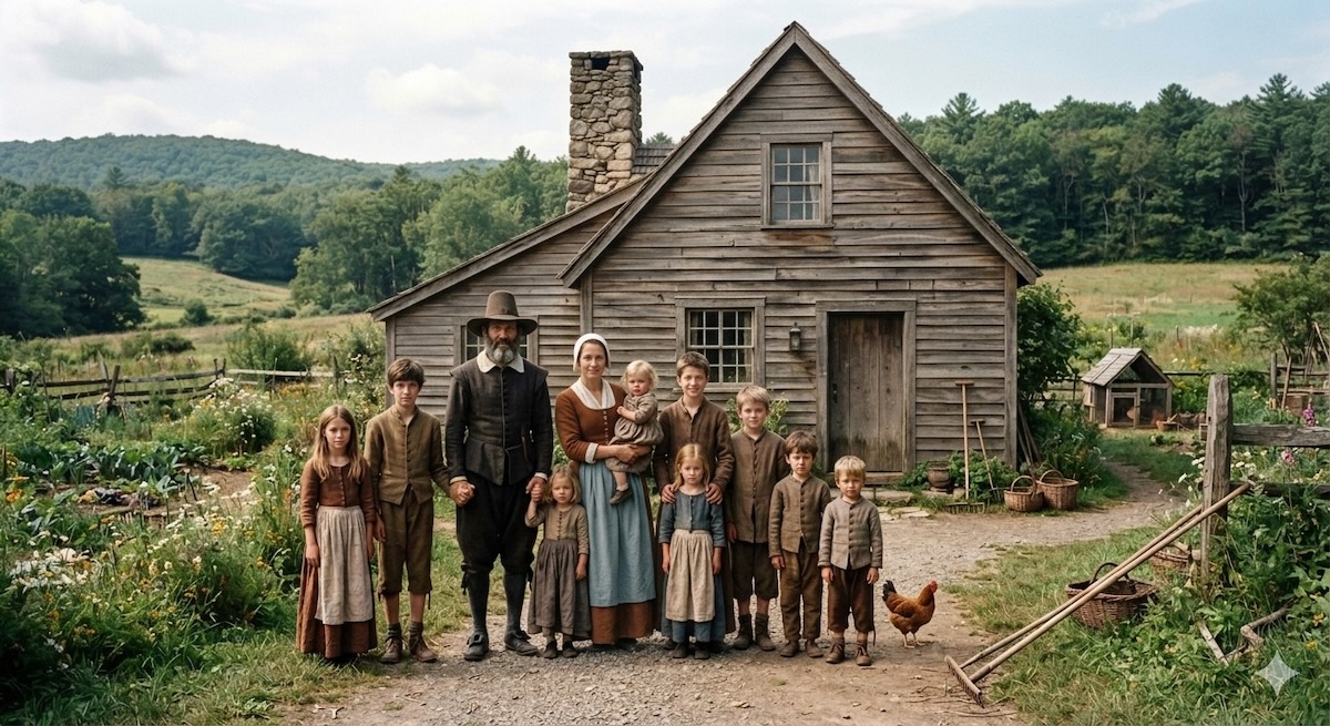 Edward Doty and wife Faith Clarke plus nine children at their estate High Cliffe, Plymouth Colony. Speculative Google AI Generated Image