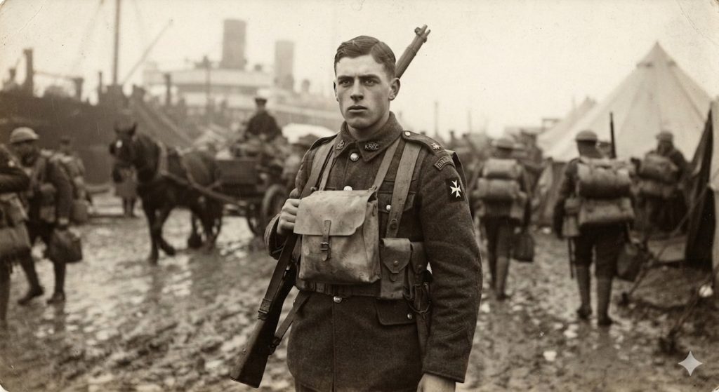 Google AI generated Private with Kings Royal Rifle Company circa 1915 arriving in WWI France
